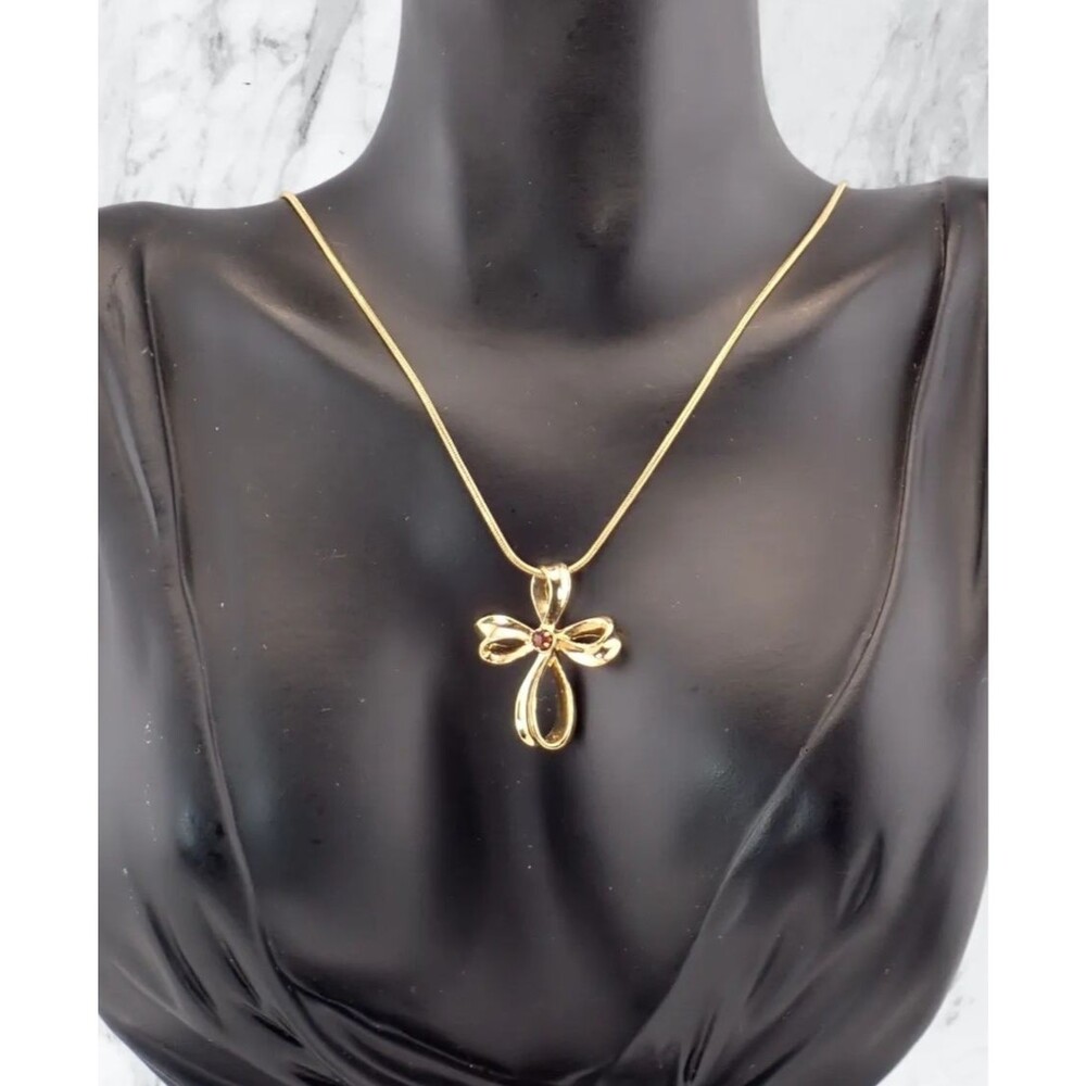 Avon Gold Tone Ribbon Cross Pendant with Rhinestone on Gold Rope Chain 23" VTG